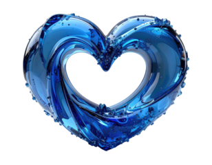 3D-rendered, glowing blue glass heart on black