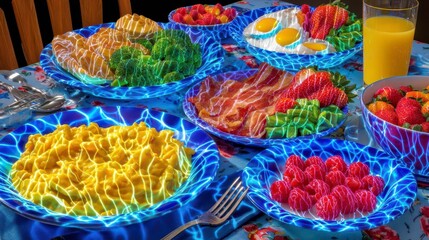 Fototapeta premium Breakfast Table: Eggs, Bacon, Fruit, Juice, Healthy Food