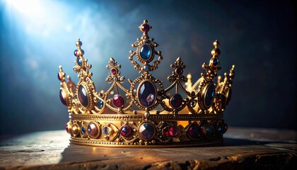 Luxurious golden royal crown encrusted with precious red and blue gemstones on dark background. Royalty concept