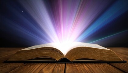 Open antique book on wooden table emitting bright magical light beams against dark background. Fantasy concept