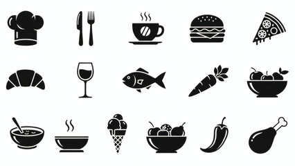 A comprehensive collection of diverse food and drink icons, perfect for restaurant menus, culinary websites, or any design project related to dining and kitchen themes
