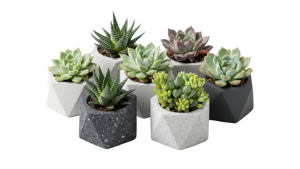 Small decorative succulent plants in concrete pots arranged in a group isolated on white background
