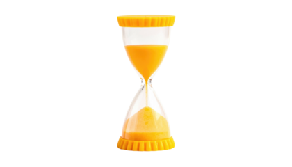 Yellow hourglass with fine sand flowing from the top chamber to the bottom against a black background