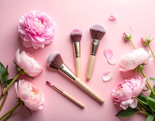 Overhead shot displays makeup brushes amid soft pink peonies and scattered petals on a pastel backdrop, creating a feminine aesthetic
