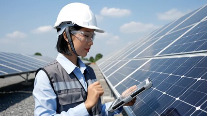 Single engineer standing in a solar farm using a digital tablet for maintenance. Professional focused mood with slow camera push-in under soft natural daylight in 4K - Powered by Adobe