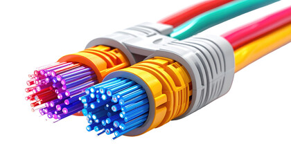 Close-up showcases a network cable, split into colorful strands, bundled and connected with contrasting white and orange casings
