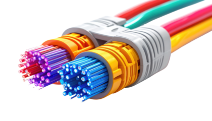 Close-up showcases a network cable, split into colorful strands, bundled and connected with contrasting white and orange casings