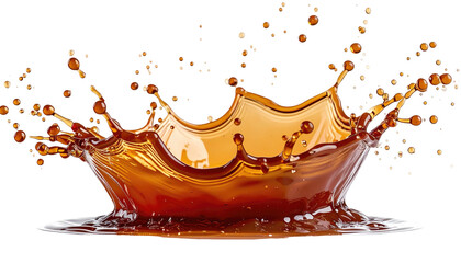 A dynamic depiction of a liquid crown, capturing the moment of splash. Brownish hues and droplets against a black backdrop