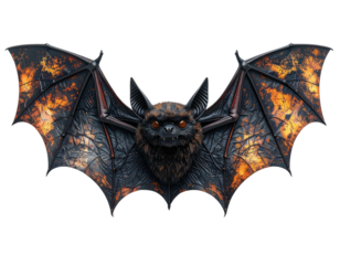 Detailed, fiery bat illustration with dark wings and red eyes