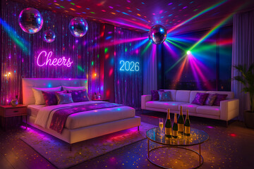 Dazzling new year bedroom with neon cheers 2026 sign, multiple disco balls, colorful laser lights, inviting bed, elegant sofa, and glass coffee table