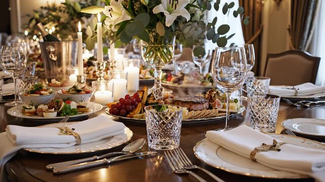 Elegant dining table setting with food and flowers