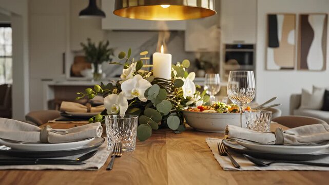 Elegant dining table setting with floral centerpiece