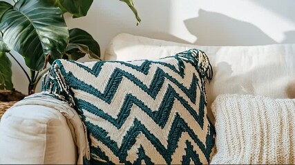 Cozy Living Room Scene With Textured Cushions And Lush Green Plant In Soft Natural Light Creating A Relaxing Ambiance