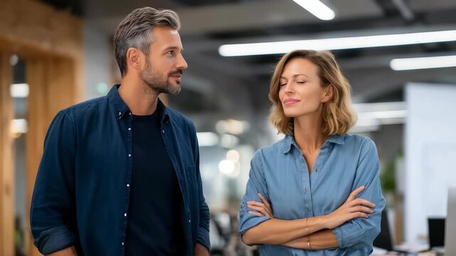 Two colleagues engage in a positive discussion, standing together in a contemporary office with stylish lighting. Their relaxed body language reflects trust and effective communication at work