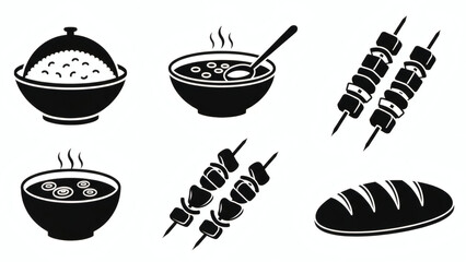 A diverse collection of essential culinary icons, showcasing traditional and everyday dishes like rice, soup, kebabs, and bread, perfect for a visual journey through various meal concepts
