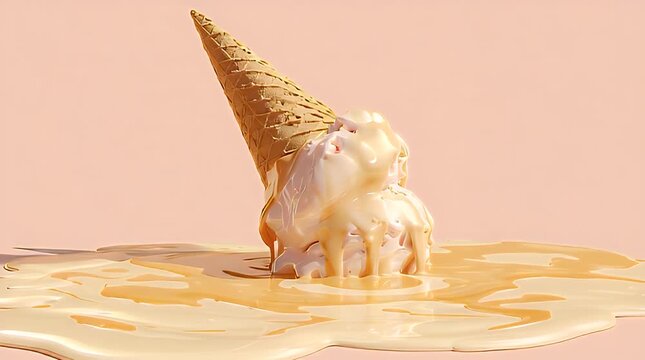 A fallen, tilted ice cream cone with melted contents pooling on a light pink surface. The cone lies angled with the sweet treat leaking