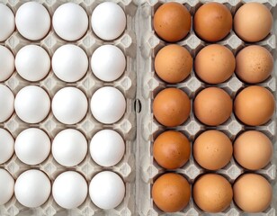 Overhead shot displays two egg cartons one filled with white eggs, the other with brown eggs. They show different colors and textures