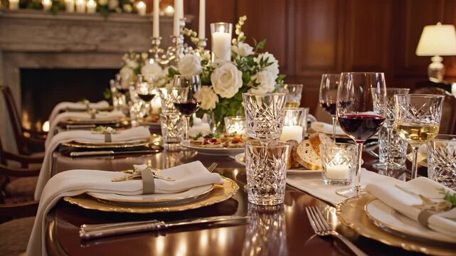 Elegant dining table setting with wine and flowers