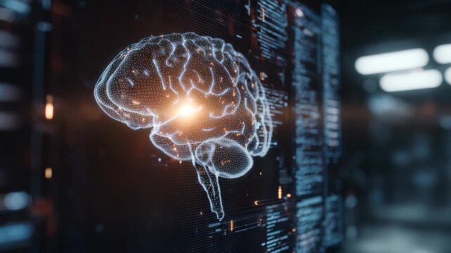 A 3D digital brain model with illuminated neural pathways appears on a virtual interface, symbolizing advanced AI technology. The scene evokes innovation, machine learning, and futuristic analytics