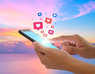 Person using a phone with floating heart-shaped icons over a sky