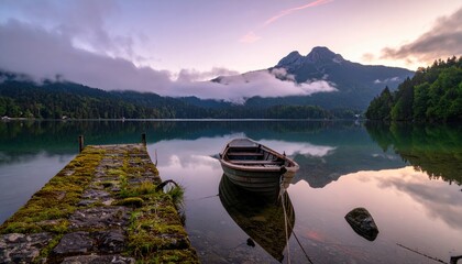 Small wooden rowboat tied to mossy pier on calm lake with majestic Mount Fuji view at sunrise. Travel concept