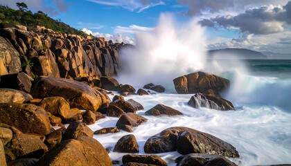 Ocean waves crash against rocky shoreline, creating a dramatic spray. Sun illuminates the cliffs. Blue sky with clouds