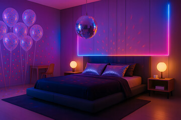 Vibrant bedroom with disco ball neon lights and balloons creating a lively setting for a fun filled new year celebration or festive gathering