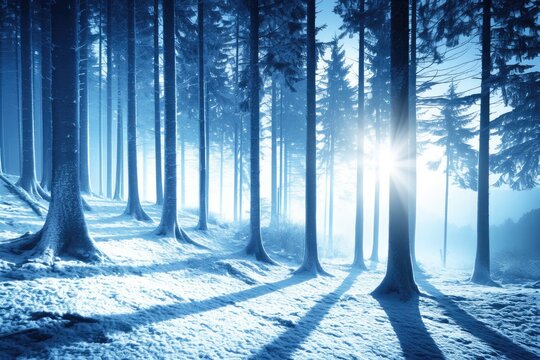 blue forest tall trees fog sun rays snow ground winter tranquil nature background