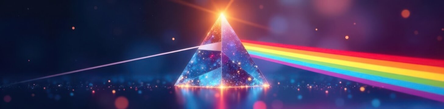 Rainbow effect illustrated with prism and light beams showing color separation , optical physics, experiment