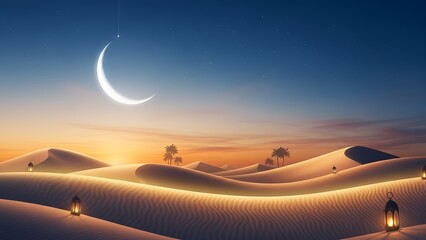 Serene desert dunes illuminated by lanterns and a crescent moon, evoking a spiritual Ramadan atmosphere at dusk