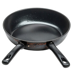 Empty black skillet with two handles, on a neutral background