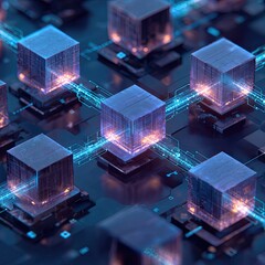 3D cubes appear to float and connect with bright blue wires set against a dark surface