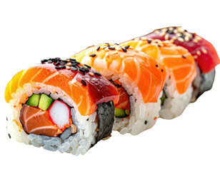 A colorful close-up of sushi rolls, showcasing various toppings