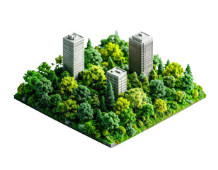 Miniature cityscape with green trees and buildings, showing green living