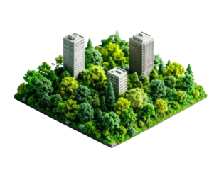 Miniature cityscape with green trees and buildings, showing green living