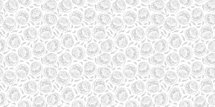 doodle burger pattern background. doodle fast food burger seamless pattern background. seamless pattern of burger in doodle style. Seamless Pattern of a Cheese Burger or Hamburger. hamburger pattern.