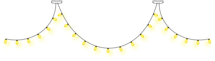Bright Yellow Decorative String Lights Isolated on White Background