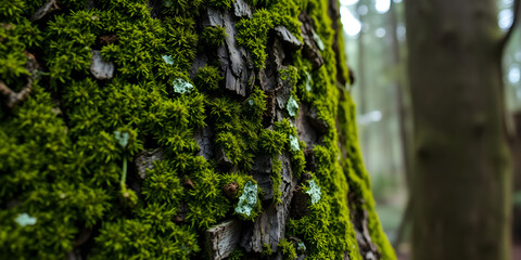 Obraz premium Green moss growing on tree bark in forest