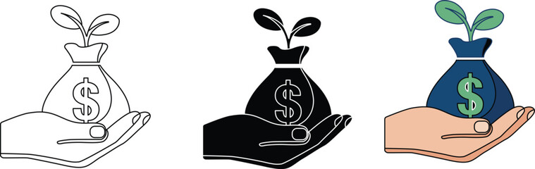 Financial growth and investment symbol visual hand holding money bag with growing plant symbolizing savings, finance, wealth, profit, income, gain, opportunity, funding