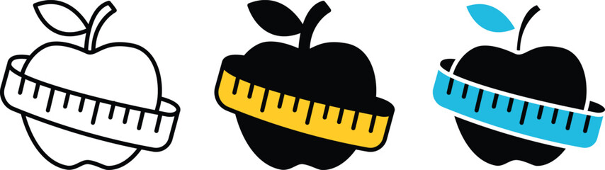 Dieting and fitness symbol visual of an apple with a measuring tape symbolize diet nutrition, wellness, exercise, weight, loss, measurement