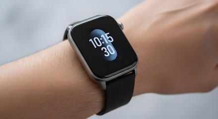 Close-up of a person's wrist wearing a modern smartwatch displaying the time on its screen