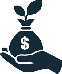 Financial growth and investment success symbol visual hand holds money bag with growing plant symbolizing investment, wealth, savings, profit, prosperity