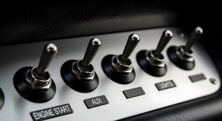 Close-up of a dashboard with multiple toggle switches labeled 'Engine Start' and 'Aux' in a vehicle's control panel