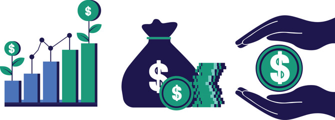 Financial business growth symbol visual money bag and protecting investment sign symbolize wealth, banking, savings, economy