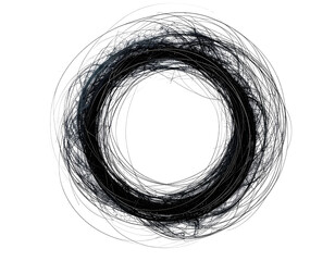 A detailed, circular abstract of dark, woven filaments