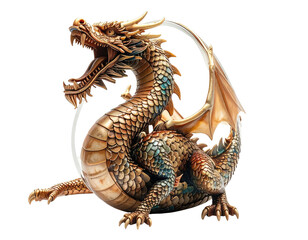 Golden dragon with open mouth and spread wings, on black