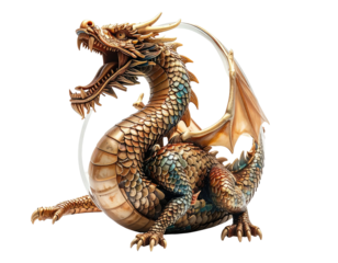 Golden dragon with open mouth and spread wings, on black