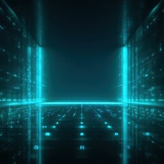 A dark glowing cyan matrixlike space with grids lines and bright spots on its floor walls and ceiling