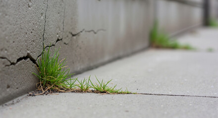 Green grass growing through a crack in concrete wall and pavement. Resilience of nature in urban environment