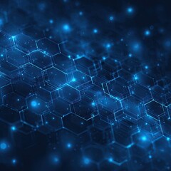 A dark blue complex network of glowing hexagons with scattered light points creating an abstract futuristic pattern